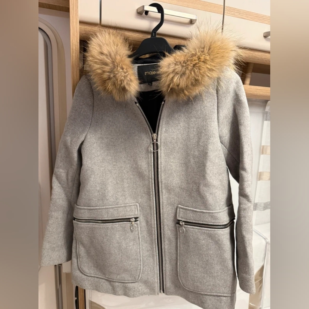 Maje Gray Fur-Trimmed Women's Coat